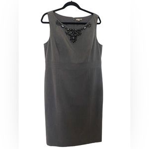 Halogen gray sleeveless sheath dress with black beaded collar - work dress - 14